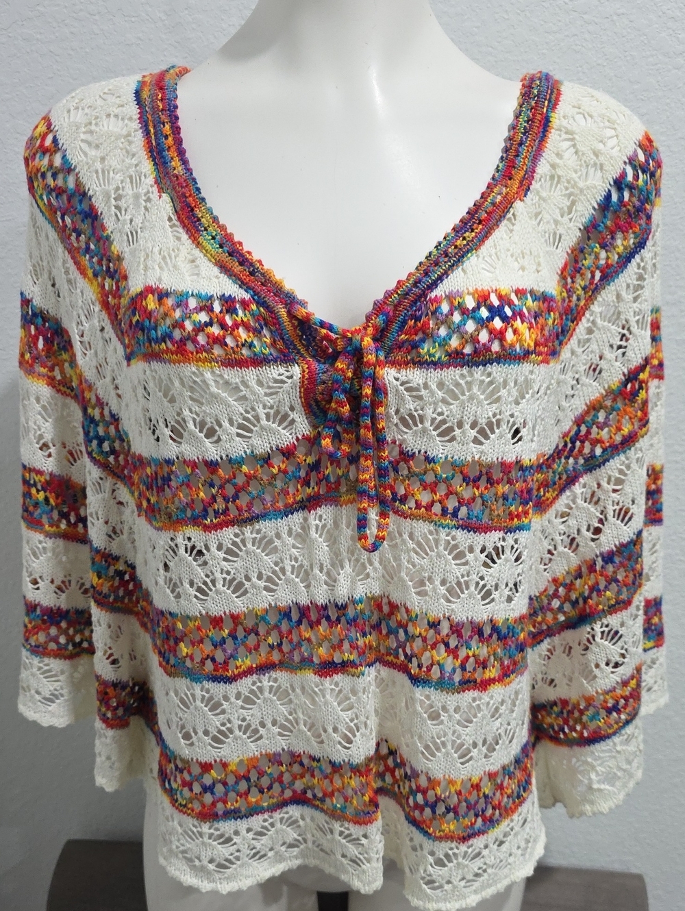 Kontrol Boho Open Knit Crochet  Tie-Front Poncho